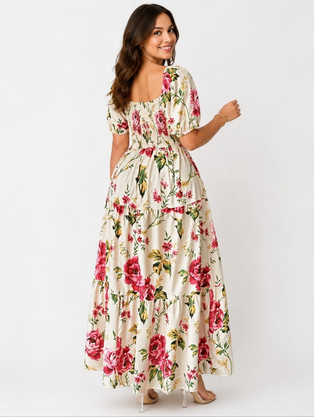 Floral Maxi Dress in Cream with Pink Blooms Size 1X - Picture 4 of 5